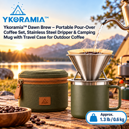 Ykoramia™ Dawn Brew – Portable Pour-Over Coffee Set, Stainless Steel Dripper & Camping Mug with Travel Case for Outdoor Coffee