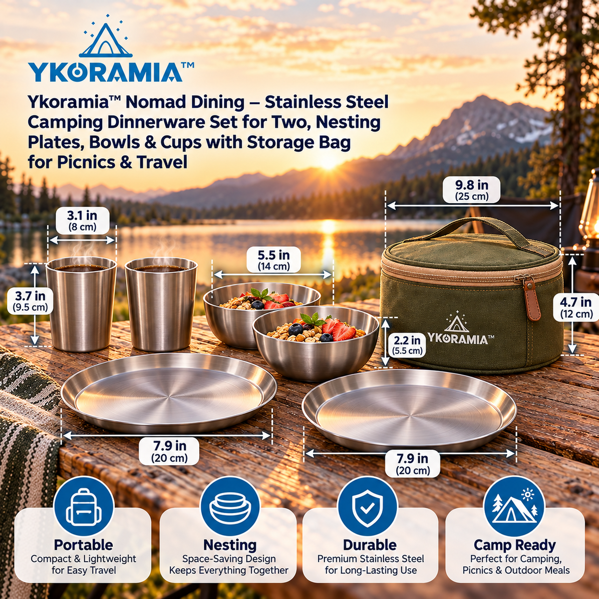 Ykoramia™ Nomad Dining – Stainless Steel Camping Dinnerware Set for Two, Nesting Plates, Bowls & Cups with Storage Bag for Picnics & Travel