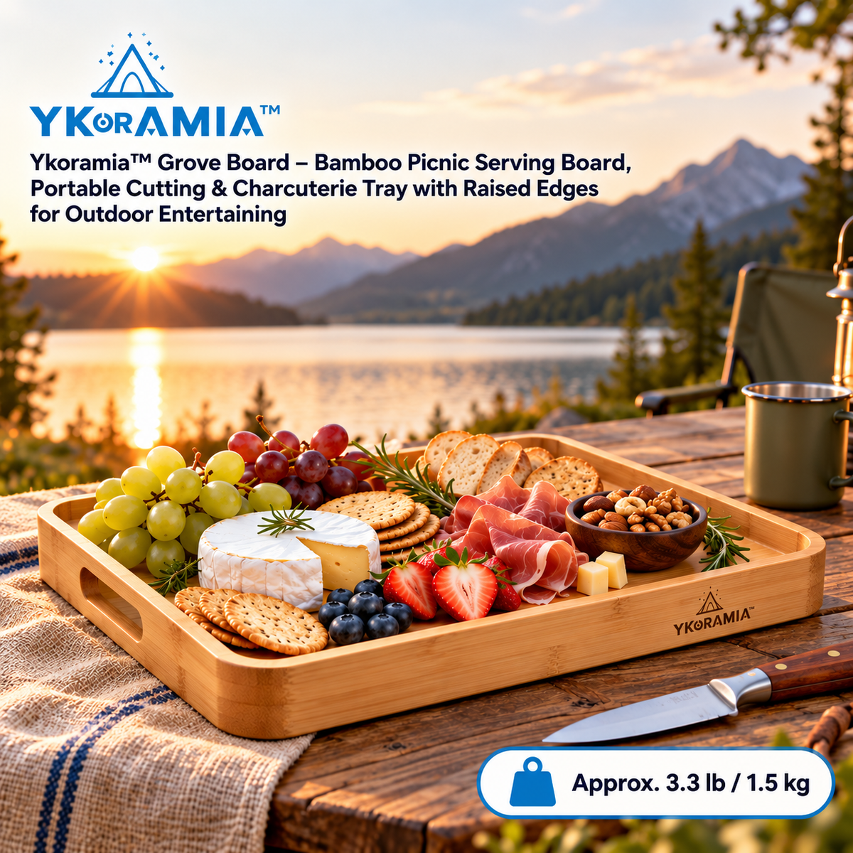 Ykoramia™ Grove Board – Bamboo Picnic Serving Board, Portable Cutting & Charcuterie Tray with Raised Edges for Outdoor Entertaining