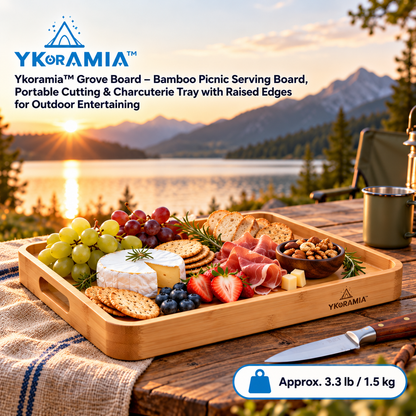Ykoramia™ Grove Board – Bamboo Picnic Serving Board, Portable Cutting & Charcuterie Tray with Raised Edges for Outdoor Entertaining