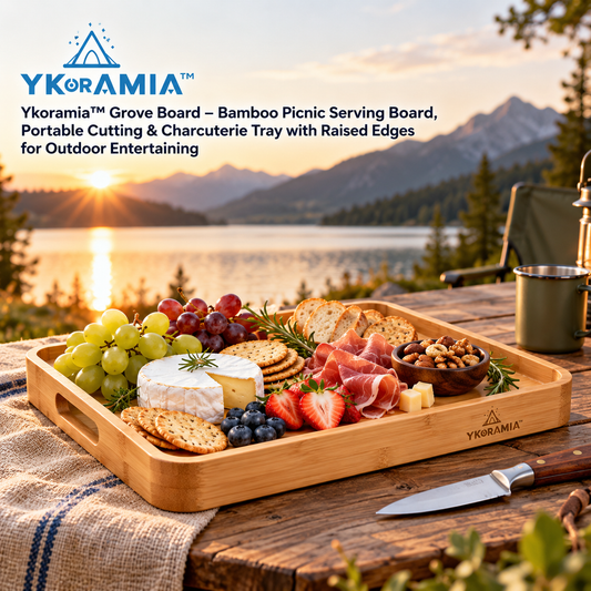 Ykoramia™ Grove Board – Bamboo Picnic Serving Board, Portable Cutting & Charcuterie Tray with Raised Edges for Outdoor Entertaining