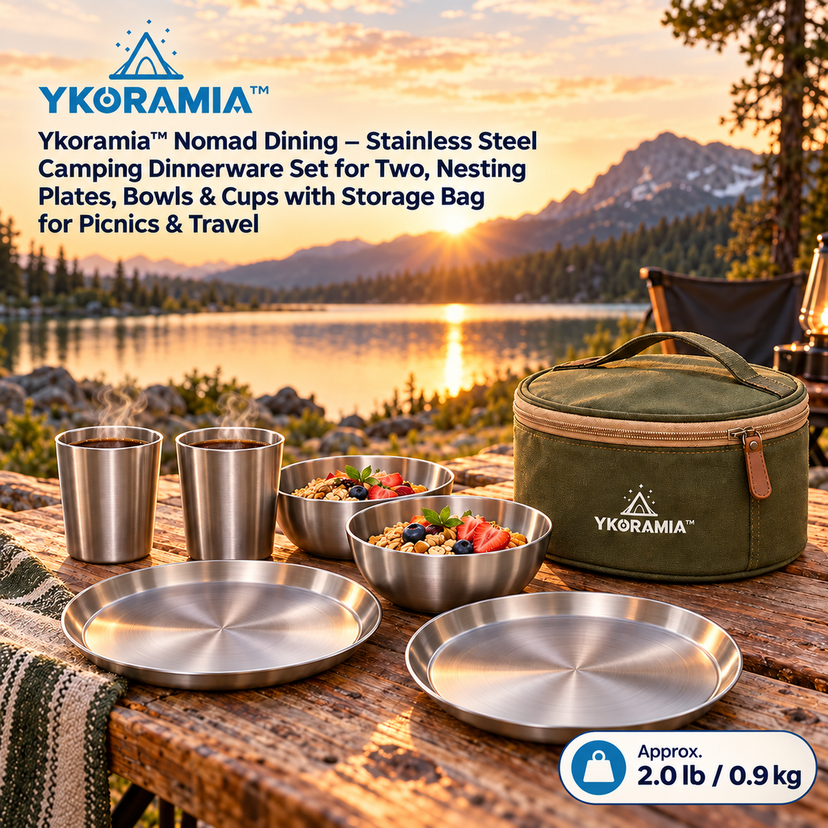 Ykoramia™ Nomad Dining – Stainless Steel Camping Dinnerware Set for Two, Nesting Plates, Bowls & Cups with Storage Bag for Picnics & Travel
