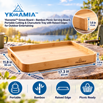 Ykoramia™ Grove Board – Bamboo Picnic Serving Board, Portable Cutting & Charcuterie Tray with Raised Edges for Outdoor Entertaining